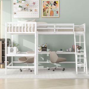 Cama Alta Blanca Tamaño Individual en Forma de L con Escalera y 2 Escritorios Integrados, Cama para Niños - Product Image 3