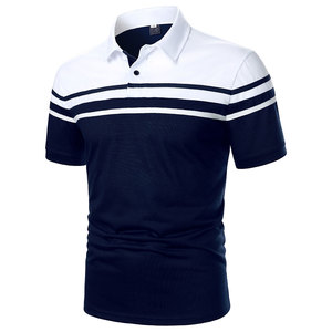 Chemise à rayures pour homme, manches courtes, coupe ajustée, bordure contrastée, décontractée, tricotée, bleu marine et blanc, design bicolore - Product Image 3