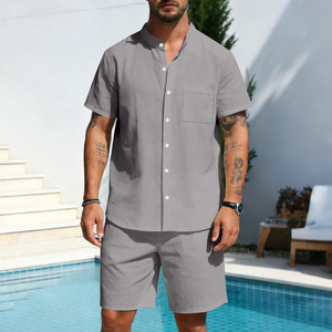 Ensemble de chemises décontractées pour hommes, couleur olive unie, manches courtes, boutonnées, respirantes, en coton tissé, tenue d'été - Product Image 4