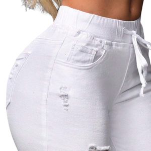 Women's Casual White Denim Shorts Mid <b>Waist</b> Skinny Fit <b>Elastic</b> Drawstring Distressed Raw Hem Quick Dry Breathable Enzyme Wash - Product Image 3