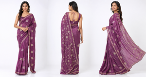 Purple Embroidered Silk <b>Saree</b> <b>Women</b> | Handcrafted Zari Border | Vintage Style | Floor-Length | Festival Wedding Party Wear | - Product Image 3