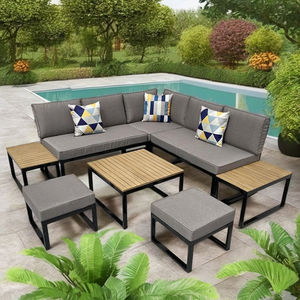 Ensemble de canapés d'extérieur en acier et bois d'acacia, style moderne et luxueux, sectionnel en L, fabriqué directement en usine au Vietnam, modèle TEXAS CD 230gr avec coussins. - Product Image 1