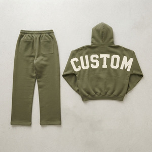 Conjuntos de sudaderas con capucha para hombre, verde oliva, con estampado de letras vintage en la espalda, de forro polar de alto gramaje, estilo oversize y joggers holgados, MOQ bajo, logotipo personalizado - Product Image 5