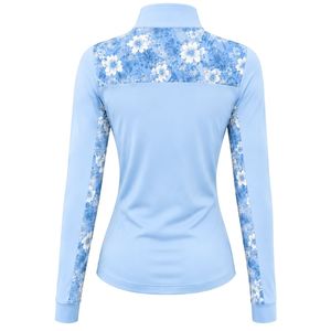 Haut de sport personnalisé bleu clair pour femme avec fermeture éclair quart de tour, manches longues à empiècements floraux, idéal pour l'entraînement en extérieur - Product Image 2