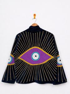 Bohemian Navy <b>Velvet</b> Embroidered Suzani <b>Jacket</b> with Eye Pattern Full Sleeve Stand Collar Handmade Winter Outerwear - Product Image 3