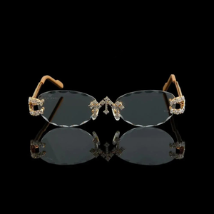 Gafas de Sol Ovaladas Sin Montura con Diamantes Personalizadas, Protección UV400, Tono Dorado, Detalles de Cristal, Uso en Exteriores, Gris, Estilo Moderno - Product Image 1