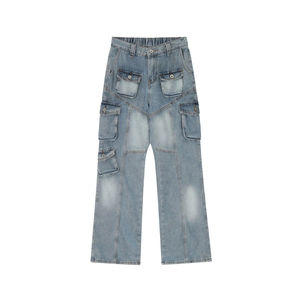 Pantalon cargo en jean 100 % coton délavé effet soleil, motif uni, respirant, style décontracté, plusieurs poches - Product Image 1