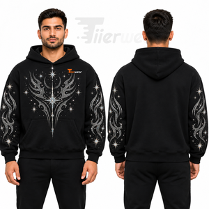 Sudadera con capucha negra para hombre con pedrería y estampado de estrellas brillantes, estilo hip hop, con bolsillo frontal. - Product Image 4