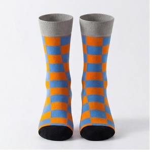 Crew <b>Socks</b> Plaid Pattern Blue <b>Orange</b> Breathable Knitted for Adults Casual Wear - Product Image 1
