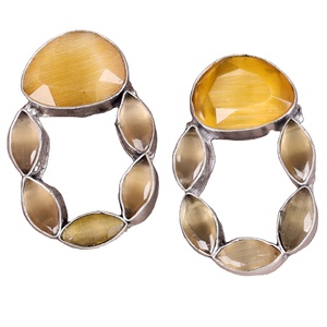 Pendientes colgantes ovalados Bohemia Onyx Brass Lovers Party Statement, chapados en plata antigua con engaste de bisel para mujer - Product Image 1