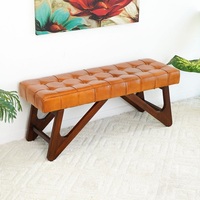 Banc capitonné de luxe fait main en cuir véritable et bois de teck massif, 47 pouces, moderne, pour entrée, chambre ou salle à manger, idéal pour la maison ou l'hôtel