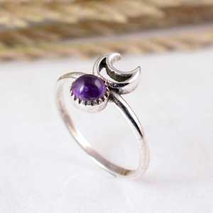 SHYAM JEWELRS Handmade 925 Sterling Silver Amethyst Crescent <b>Moon</b> <b>Ring</b> Natural Gemstone Celestial Dainty Band Artisan Witchy - Product Image 4