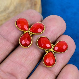 Handmade Red Coral Pear Shape Gemstone Stud Earrings 18k Gold Micron Over 925 <b>Sterling</b> <b>Silver</b> - Product Image 3