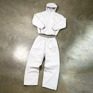 Custom Blank Acid Wash Sweat Suits Two Piece Grey Jogging Suit Women Contrast Stitch Straight Leg Baggy Sweatpants Hoodie <b>Badge</b> - Product Image 4