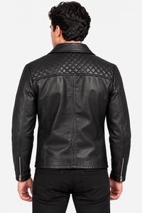 Chaqueta de cuero negra para hombre, estilo motero, con cremallera asimétrica, hombros acolchados, chaqueta de moto personalizada, ropa de calle de cuero para hombre - Product Image 6