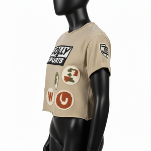 T-shirt court pour femme en jersey de coton premium, beige délavé, avec patch brodé, logo personnalisé, respirant - Product Image 3