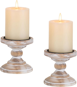 Rustic Wood Candle Holder Set of 2 Round Pillar Stand Natural Wooden <b>Candlestick</b> Decorative Tabletop Home Decoration - Product Image 1