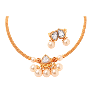 Bridal Fine Jewelry Set Matte Short Necklace with Golden Pearls & American Diamond Earrings for Girls - Product Image 2