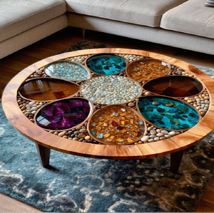 Des arrangements floraux complexes sont artisanalement suspendus sur cette table ronde en résine haute brillance, disponible à prix de gros. - Product Image 1