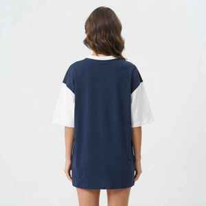 Hawk Eye Women's Navy Blue <b>V</b>-<b>Neck</b> Short Sleeve <b>T</b>-<b>Shirt</b> Color Blocking Logo Casual Loose Fit 100% Cotton Jersey Top - Product Image 2