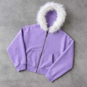 Sweat à capuche surdimensionné pour homme en molleton 100% coton, personnalisé, de haute qualité, écologique, d'hiver, de créateur, zippé, avec fausse fourrure et effet délavé sur le devant - Product Image 2