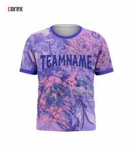 Camiseta Deportiva Corex para Hombre, Sublimada, Manga Corta, Cuello Redondo, Secado Rápido, Corte Regular, Diseño Estampado en Morado y Rosa - Product Image 1