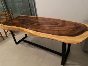 Table à manger en bois de noyer massif à bord naturel, forme rectangulaire irrégulière, mobilier de salle à manger en bois massif, design moderne, extensible - Product Image 6