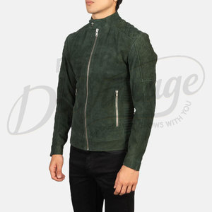 Premium Dark Green <b>Suede</b> Leather <b>Jacket</b> Men Quilted Shoulder Slim Fit Biker <b>Jacket</b> Casual Stand Collar Outerwear Coat - Product Image 4