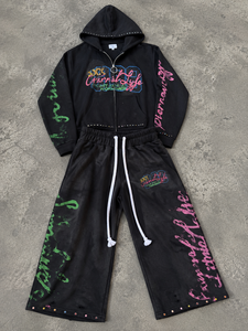 Custom Regular Fit French Terry Zip <b>Hoodie</b> Solid Sweatpants Casual 100% Cotton Breathable Eco-Friendly Vintage Urban Streetwear - Product Image 4