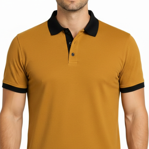 เสื้อโปโลผู้ชายสีเหลืองมัสตาร์ดปักโลโก้ตามสั่ง คอปกสีดำตัดกัน ทรงเข้ารูป แขนสั้น สำหรับกอล์ฟ ขายส่ง - Product Image 2