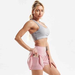 Shorts de yoga rose taille haute avec poches, séchage rapide, design asymétrique, couleur unie, élasthanne, polyester, taille élastique, pour femme, fitness - Product Image 3