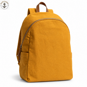 Mustard Canvas Student <b>Backpack</b> with Curved Zipper | Minimal <b>College</b> School Bag with Brown Top Loop for Daily Carry and Travel - Product Image 1