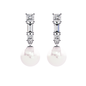 Boucles d'oreilles pendantes en diamant de laboratoire et perle, taille princesse et baguette, certifiées IGI, bijoux de luxe pour mariage et soirée - Product Image 1
