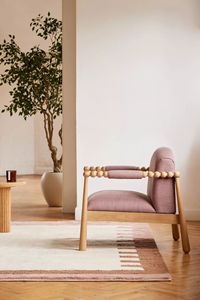 Fauteuil artisanal en teck à dossier rond, tissu mauve de luxe, siège de réception pour salon - Product Image 4