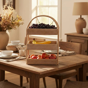Étagère à 3 niveaux en rotin tressé à la main du Vietnam, style bohème, pour cuisine, rangement et présentation, avec poignées – Fournisseur - Product Image 4