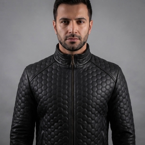 Chaqueta de Cuero Acolchada con Revestimiento Negro para Hombre, Marca Vanek International, Modelo 2026, Cuello Alto, Cierre de Cremallera, Corte Ajustado, para Invierno - Product Image 1