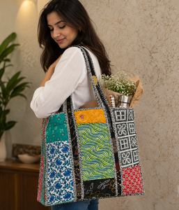 Luxury <b>Patchwork</b> Cotton Tote <b>Bag</b> Handmade Jaipur Hand Printed Reversible Shoulder <b>Bag</b> Colorful Artisan Craft Women Chic Style - Product Image 1