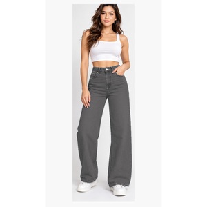Jean en denim ample à jambe large pour femme, taille mi-haute avec doubles poches arrière, respirant, noir délavé - Product Image 1