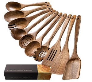 Cuillères en bois pour la cuisine, ensemble d'ustensiles de cuisine antiadhésifs avec 10 spatules et cuillères en bois d'acacia pour la cuisine - Product Image 3