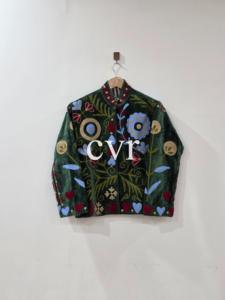 Hand Embroidered Floral Velvet Jacket Mandarin Collar Full Sleeve Prairie Chic Autumn Women'<b>s</b> Plus Size - Product Image 1