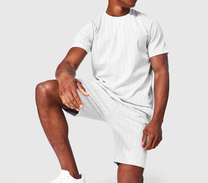 Ensemble T-shirt et short en coton 100% rayé blanc pour homme, col rond, respirant, décontracté, pour l'été, 280g - Product Image 2