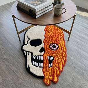 Alfombra Moderna de Lana Tejida a Mano con Diseño Geométrico Único de Calavera y Llama, Antideslizante, de Pelo Medio, para Sala de Estar, Dormitorio y Hogar - Product Image 2