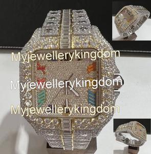 Montre automatique de luxe bicolore entièrement sertie de moissanite, boîtier carré en acier inoxydable, cadran arc-en-ciel saphir - Product Image 1