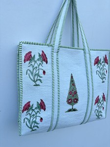 Luxury <b>White</b> Cotton Tote <b>Bag</b> With Floral Print Green Striped Handles Bohemian Style Summer Casual Zipper Shopping Travel Handbag - Product Image 2