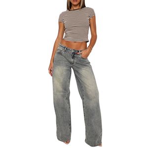 Pantalones vaqueros antiarrugas de pierna recta de cintura alta para mujer, pantalones vaqueros informales transpirables con botones delanteros holgados para verano - Product Image 5