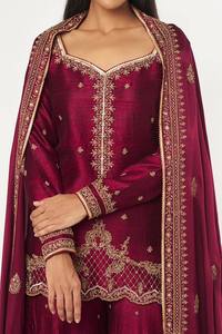 Ensemble Kurta en soie brodée marron pour femme avec pantalon palazzo et dupatta, tenue traditionnelle indienne et pakistanaise pour mariage, longueur au sol - Product Image 5