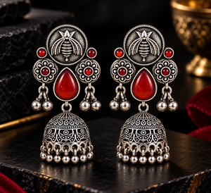 Pendientes Jhumka de Plata con Corte de Pera en Color Rojo Étnico, Estilo Bollywood, para Bodas, Venta al Por Mayor de Joyería para Mujer, Disponibles en Stock - Product Image 4