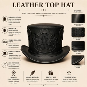Men’s <b>Black</b> Leather <b>Top</b> <b>Hat</b> Manufacturer Stylish High Crown Leather Headwear with Premium Finish Custom Production and Wholesale - Product Image 4