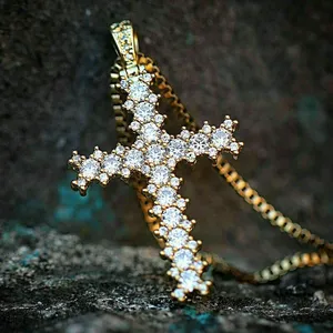 <b>Solid</b> 14K Yellow <b>Gold</b> Moissanite Cross Wedding <b>Pendant</b> 2 CT Excellent Round Cut Luxury Necklace - Product Image 2