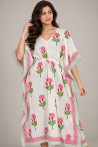 Robe Kaftan Bohème à Imprimé Floral Rose pour Femmes, 100% Coton, Col en V, Maxi avec Bordure Verte, Ceinture à Nouer à la Taille, Respirante - Product Image 3